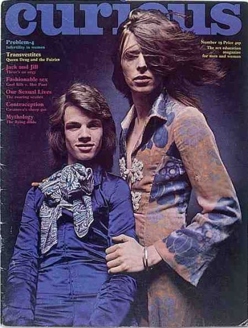 David Bowie wearing a Mr. Fish mandress on the cover of Curious magazine with Freddie Buretti, May 1971.